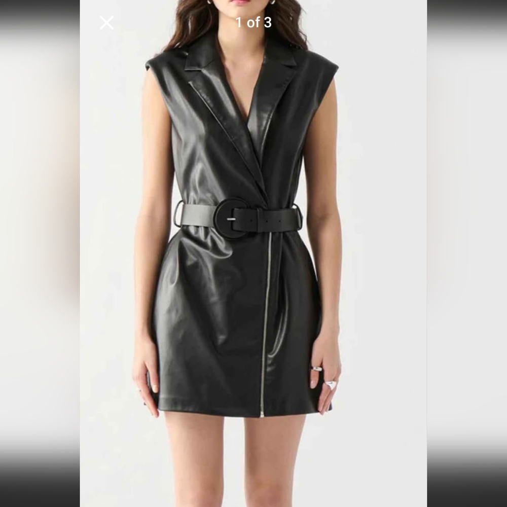 Black Mini Leather Wrap Dress with Belt